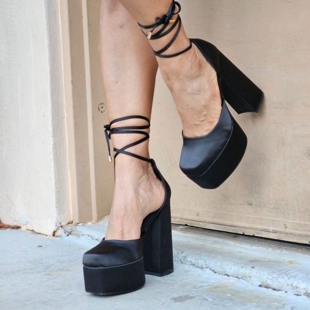 Womens Satin Platform Chunky Lace Up Heels Black Color - Picture 2 of 7